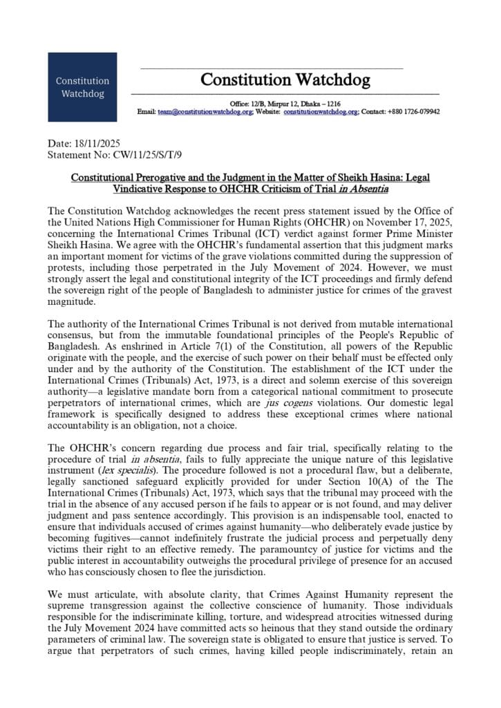 Constitutional Prerogative and the Judgment in the Matter of Sheikh Hasina: Legal Vindicative Response to OHCHR Criticism of Trial in Absentia_page-0001